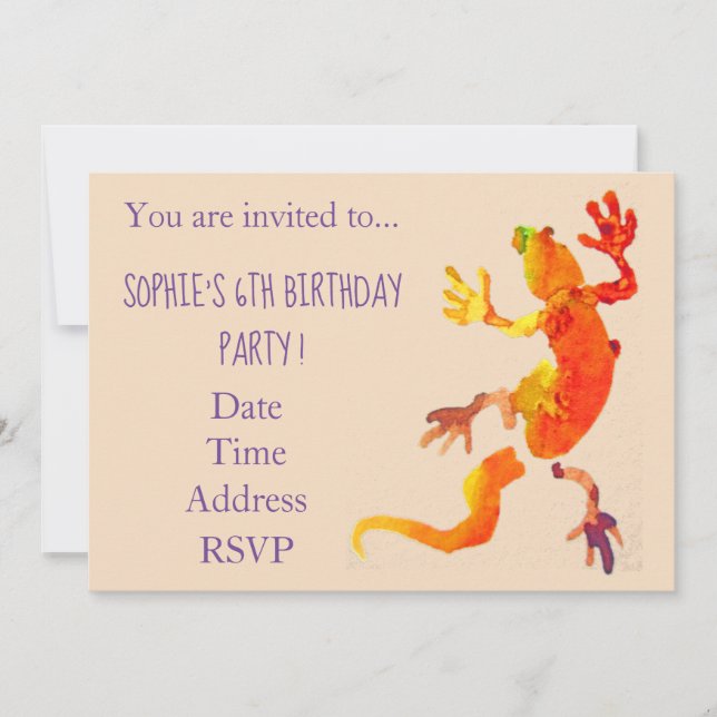 Gecko nature reptile young girl's birthday party invitation (Front)