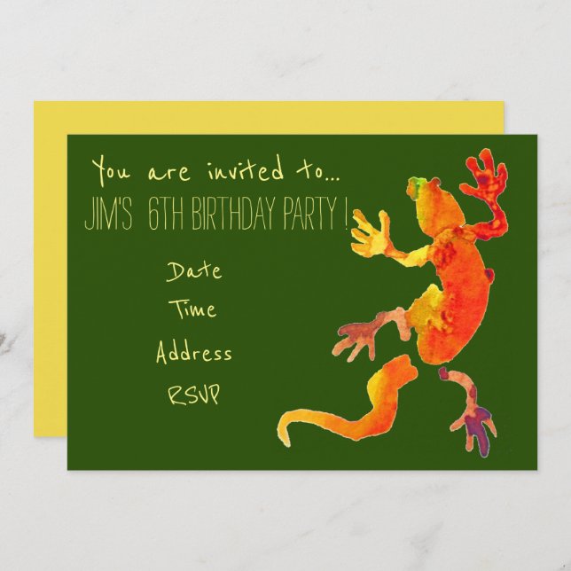 Gecko nature reptile young kid's birthday party invitation (Front/Back)