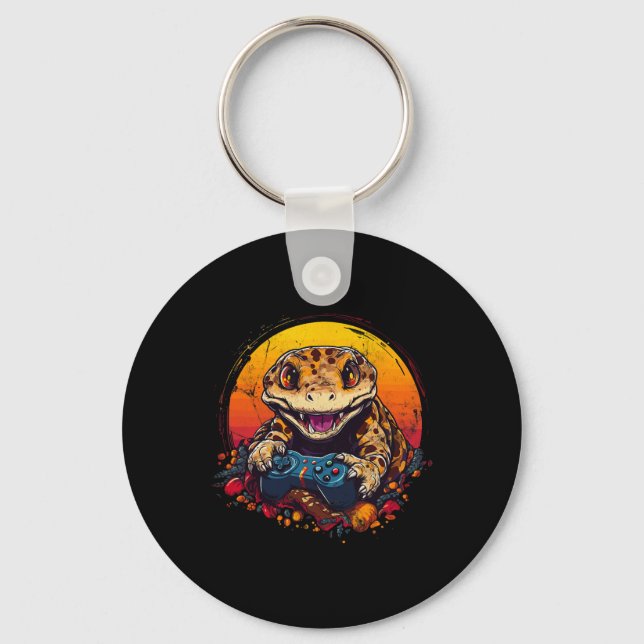 Gecko Playing Video Game Lizard &amp; Reptiles Gam Keychain (Front)
