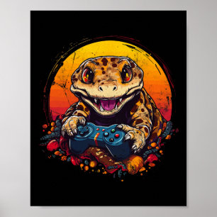 Gecko Playing Video Game Lizard & Reptiles Gam Poster