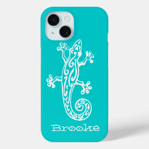 Gecko reptile white & aqua name iPhone 15 case