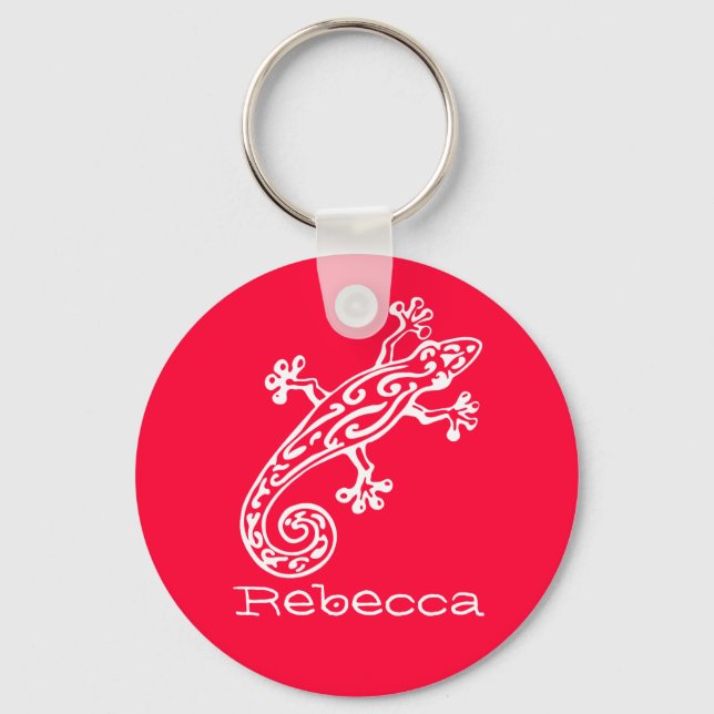 Gecko reptile white & red named keychain (Front)