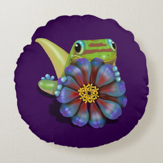 Gecko with Zinnia Flower Round Pillow