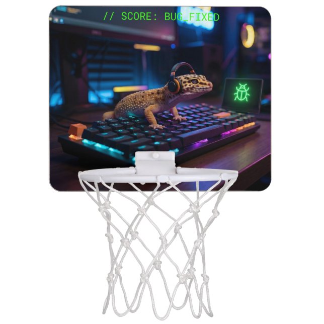 GeckoDev // Cyberpunk Leopard Gecko Computer Debug Mini Basketball Hoop (Front)