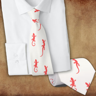 Geckos in red climbing up (on white) neck tie