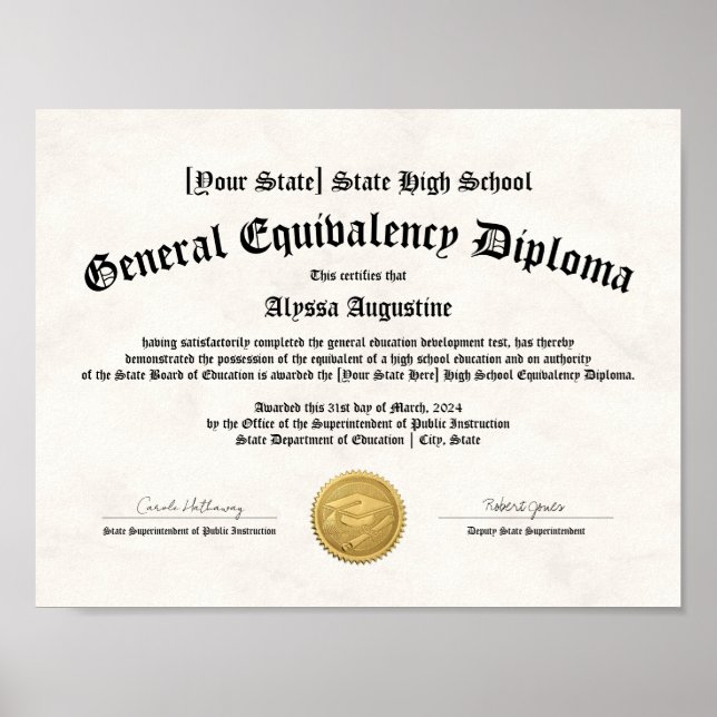 GED General High School Equivalency Diploma Copy Poster (Front)
