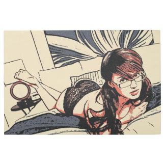 Geek beauty, sexy girl at bed in hot lingerie metal print
