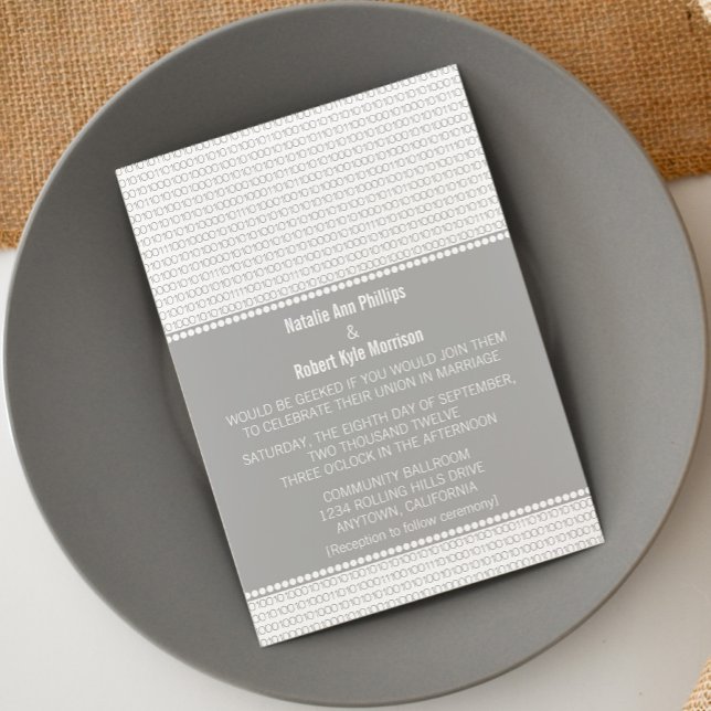Geek Chic Binary Code Wedding Invitation, Gray Invitation (Gray Geek Chic Binary Code Wedding Invitation)