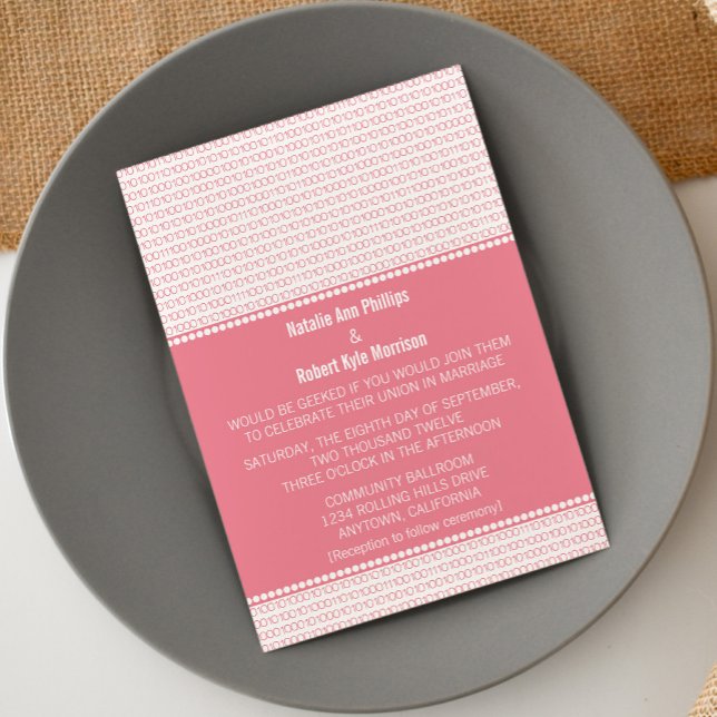 Geek Chic Binary Code Wedding Invitation, Pink Invitation (Pink Geek Chic Binary Code Wedding Invitation)