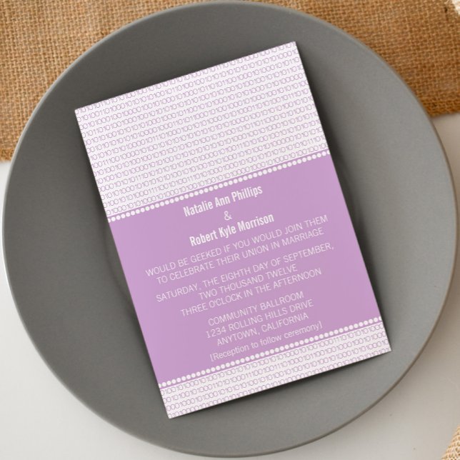 Geek Chic Binary Code Wedding Invitation, Purple Invitation (Purple Geek Chic Binary Code Wedding Invitation)