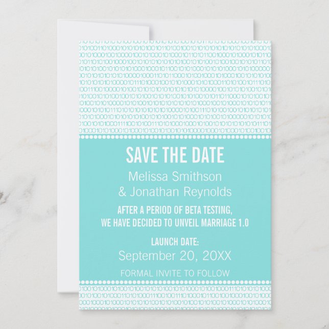 Geek Chic Binary Save the Date Invite, Aqua (Front)