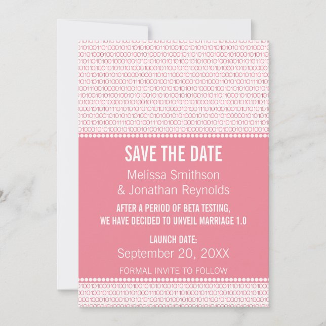 Geek Chic Binary Save the Date Invite, Pink (Front)