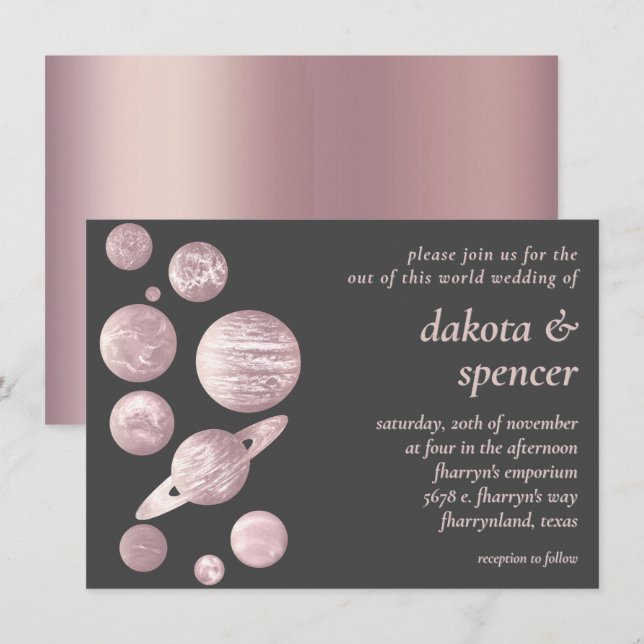 Geek Chic Wedding | Mauve Pink Gray Solar System Invitation (Front/Back)