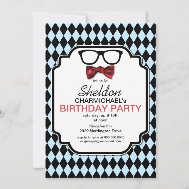 Geek Glasses, Bow Tie & Argyle Birthday Invitation (Front)
