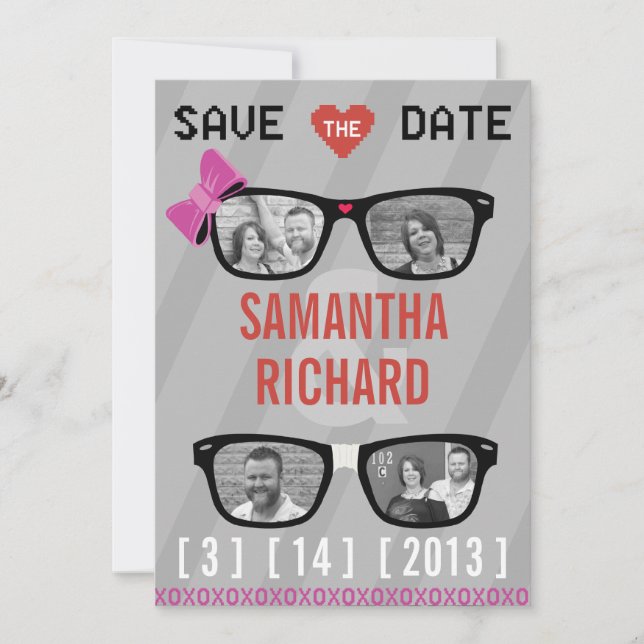 Geek Glasses  & Hearts Wedding Save the Date (Front)