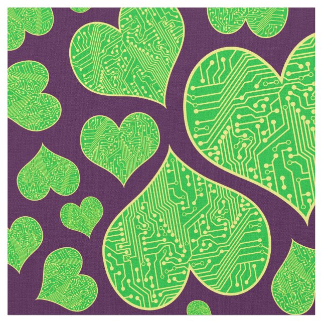 Geek Love Green Circuit Board Heart Pattern Fabric (Close Up)