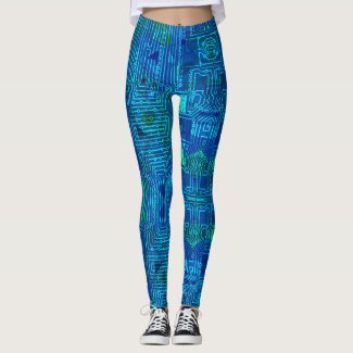 Geek, nerdy circuit computer board pattern, blue leggings