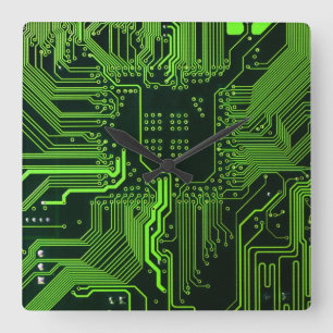 Geek Out Nerd PCB Green Electronic Circuit Board Square Wall Clock