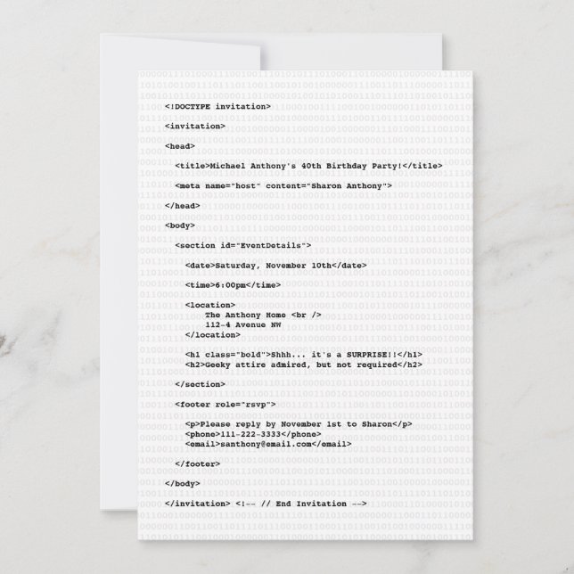 Geek Programmer HTML Code Birthday Invitation (Front)