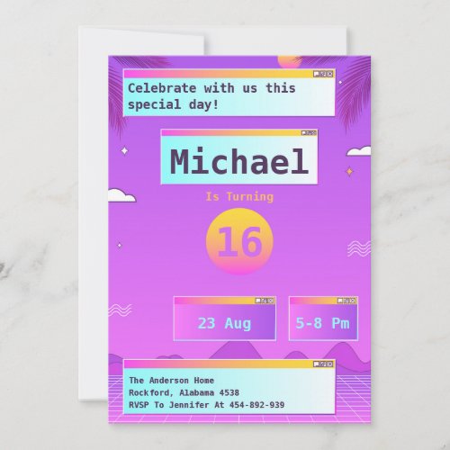  Geek Vaporwave 80s and 90s Birthday Invitation