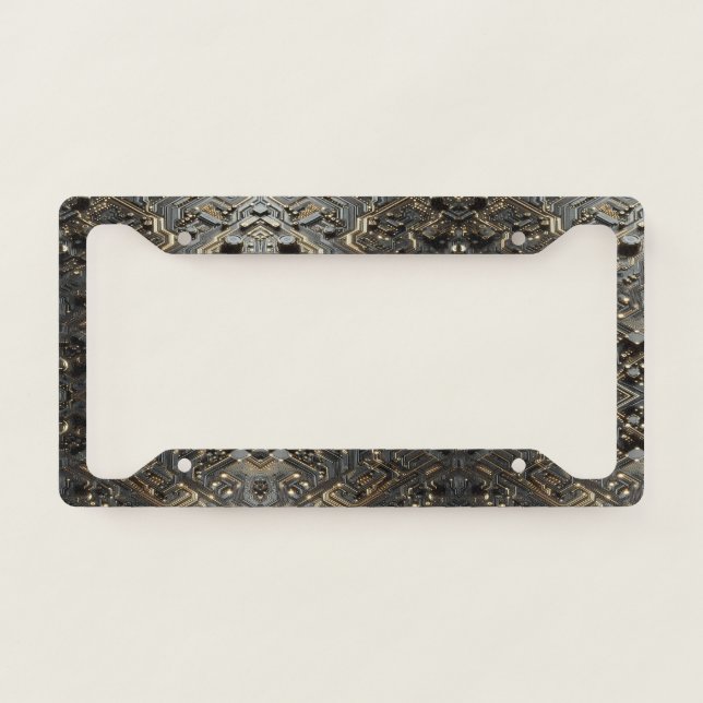Geeky Black and Gold Circuit Computer Board License Plate Frame (Front)