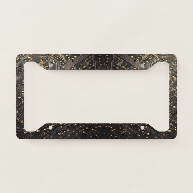 Geeky Black and Gold Circuit Computer Board License Plate Frame (Front)