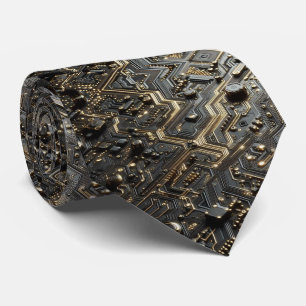 Geeky Black and Gold Circuit Computer Board Neck Tie