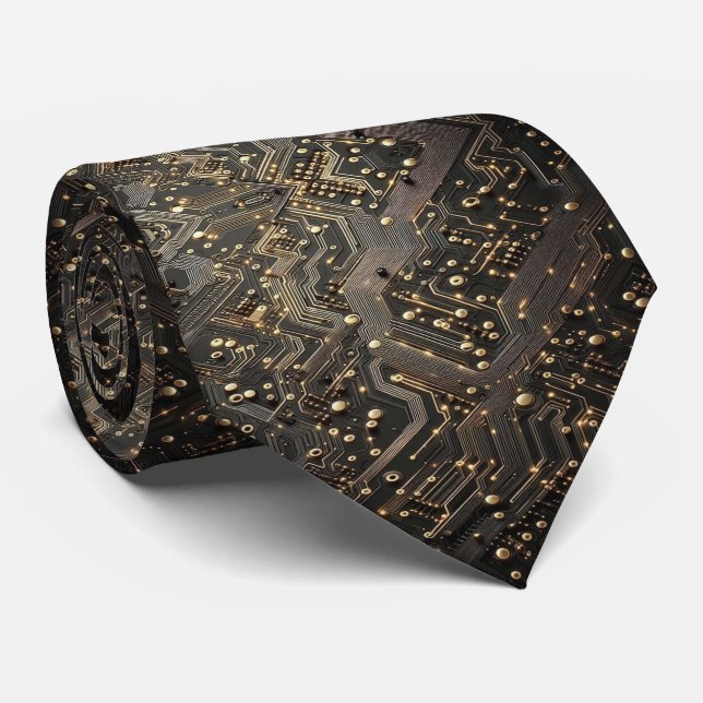 Geeky Black and Gold Circuit Computer Board Neck Tie (Rolled)