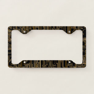 Geeky Black and Gold Computer Circuit License Plate Frame