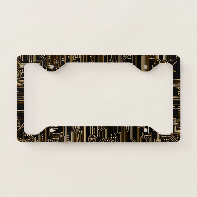 Geeky Black and Gold Computer Circuit License Plate Frame (Front)
