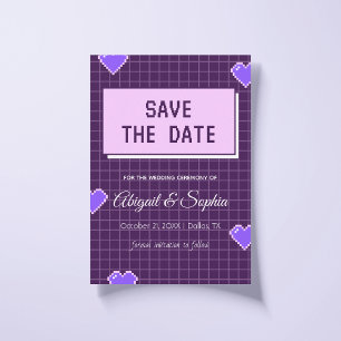 Geeky Gamer Adorable Nerdy Pixelated Purple Nerdy Save The Date
