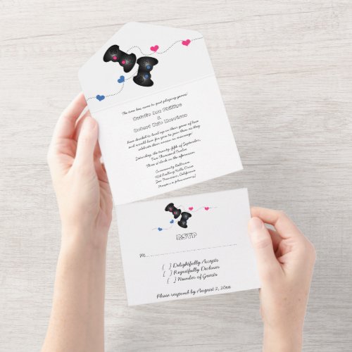 Geeky Gamers All in One Wedding Invite  PinkBlue