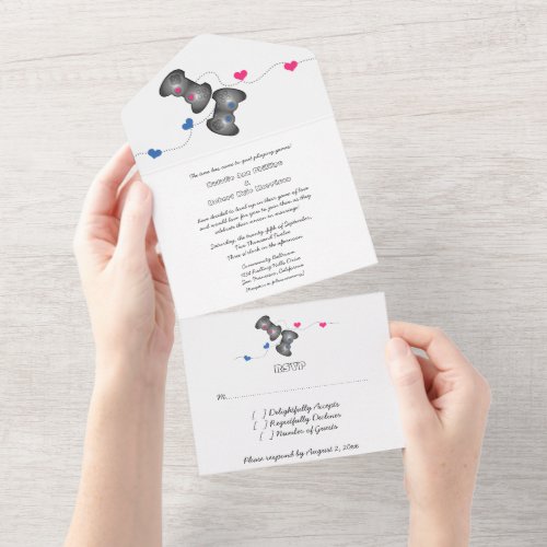 Geeky Gamers All in One Wedding Invite  PinkBlue