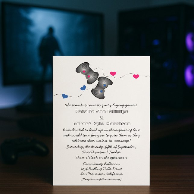 Geeky Gamers | Blue and Pink Wedding Invitation  (Blue and Pink Geeky Gamers Wedding Invitation)