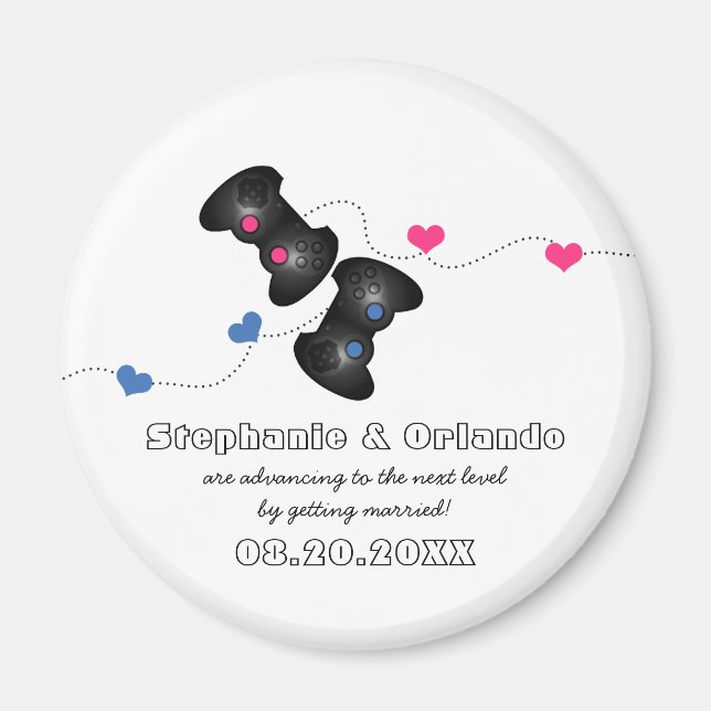 Geeky Gamers Save the Date Magnet Dark (Blue/Pink) (Front)