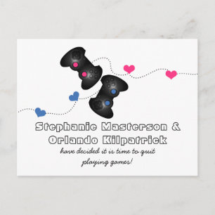 Geeky Gamers Save the Date Postcard Dark Blue Pink