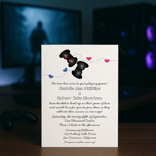 Geeky Gamers Wedding Invitation Dark (Blue/Pink)