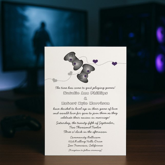 Geeky Gamers Wedding Invitation (Silver/Purple) (Silver Purple Geeky Gamers Wedding Invitation)