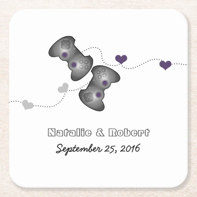 Geeky Gamers Wedding Paper Coasters Silver Purple (Front)