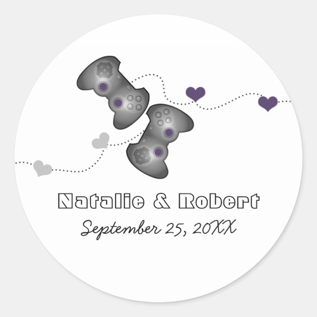Geeky Gamers Wedding Stickers (Silver/Purple) (Front)
