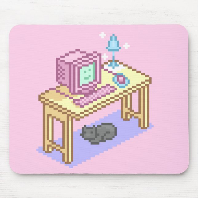 Geeky Girly Pink Pixel Art Computer Mouse Pad (Front)