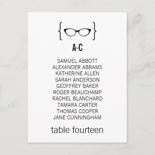 Geeky Glasses Seating Chart Postcard v2