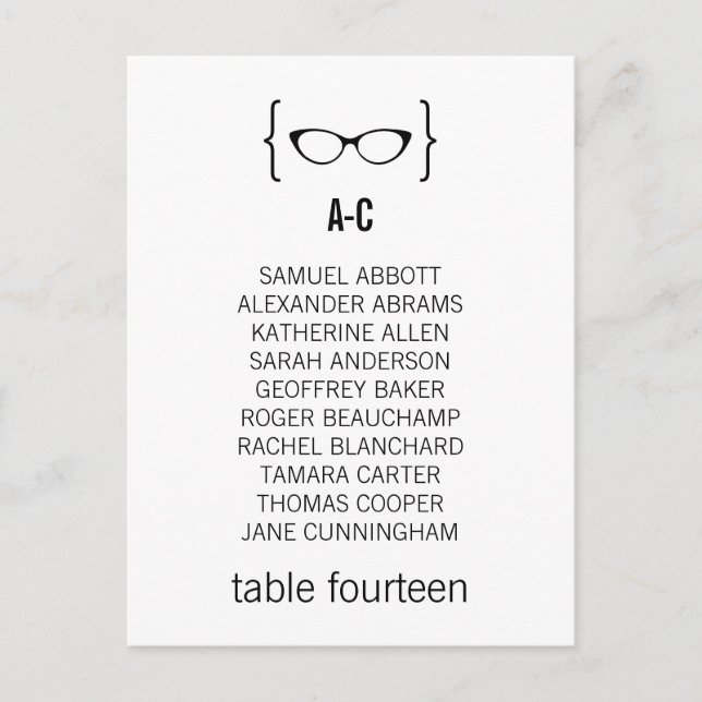Geeky Glasses Seating Chart Postcard v2 (Front)