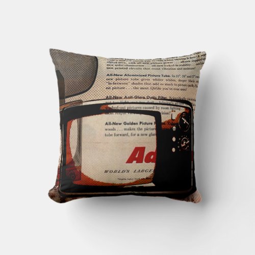 Geeky Newspaper Print Retro TV vintage Television Throw Pillow