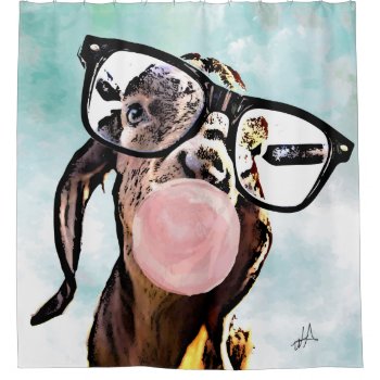 Geeky Nubian Goat Blows Bubbles With Bubblegum Shower Curtain by getyergoat at Zazzle