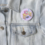 Geeky Pastel Pink Yellow Pixel Art Computer Button<br><div class="desc">This cute design features pixel art of a desk and computer. There is happy face on the computer monitor, and a cat sitting under the desk too. I've used a pastel pink and yellow colour scheme, and isometric layout, to give the art a 90s computer game aesthetic. 💻 Artwork by...</div>