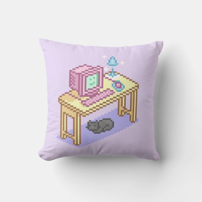 Geeky Pastel Pink Yellow Pixel Art Computer Throw Pillow (Front)