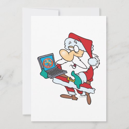 geeky technology savvy santa with a laptop cartoon holiday card