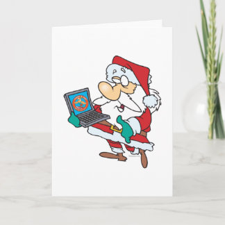 geeky technology savvy santa with a laptop cartoon holiday card
