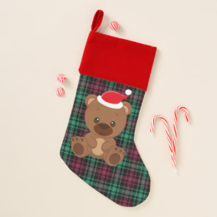 Geen/Pink Plaid Cute Bear Christmas Stocking